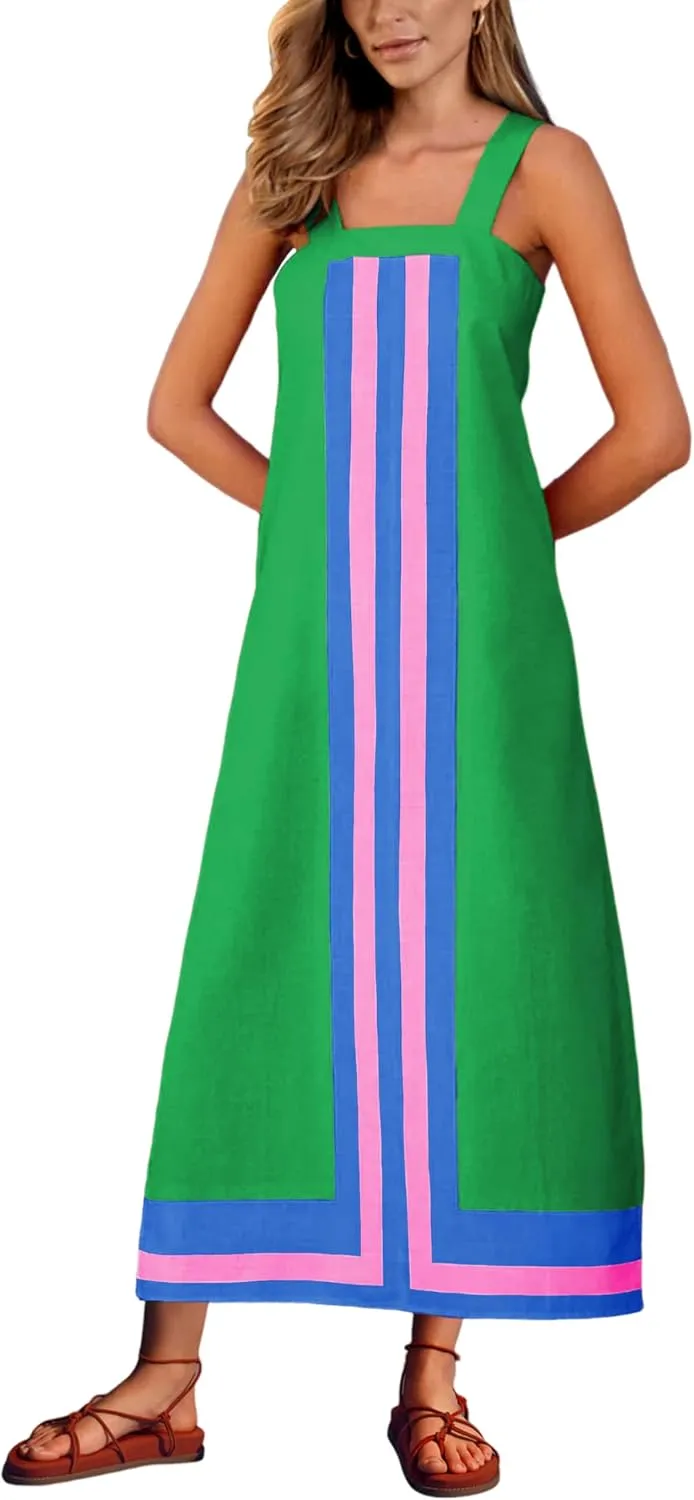 Ailoqing 2025 Women Bohemian Floral Dress Summer Casual Color Block Maxi Beach Overall Dress Coverups