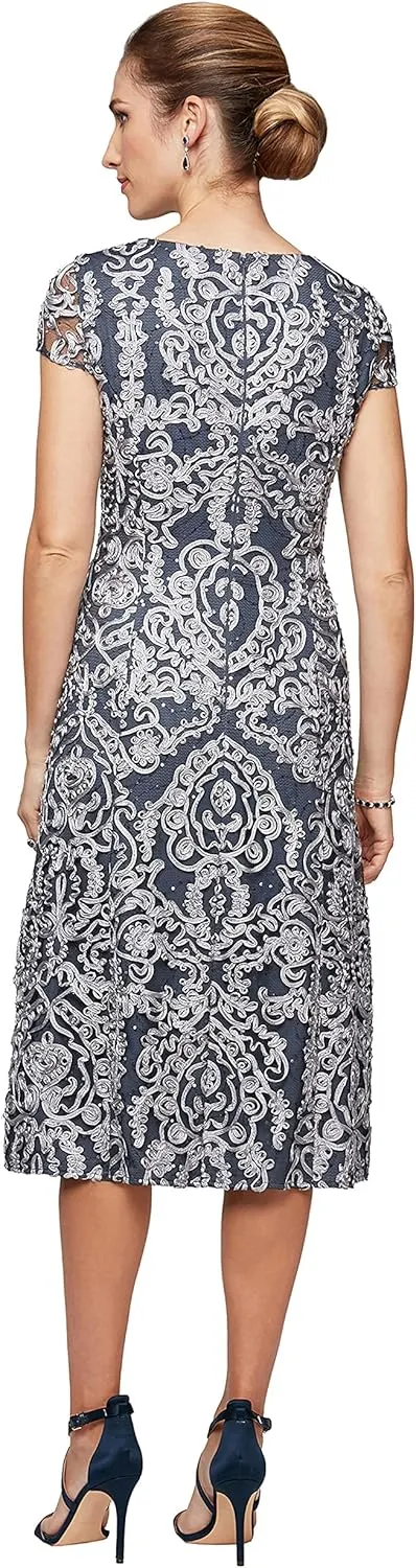 Alex Evenings Women's Tea Length Dress with Rosette Detail