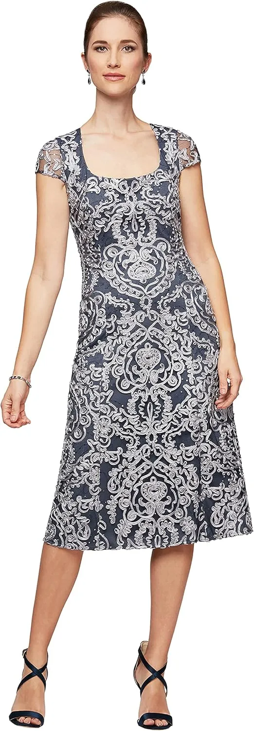 Alex Evenings Women's Tea Length Dress with Rosette Detail