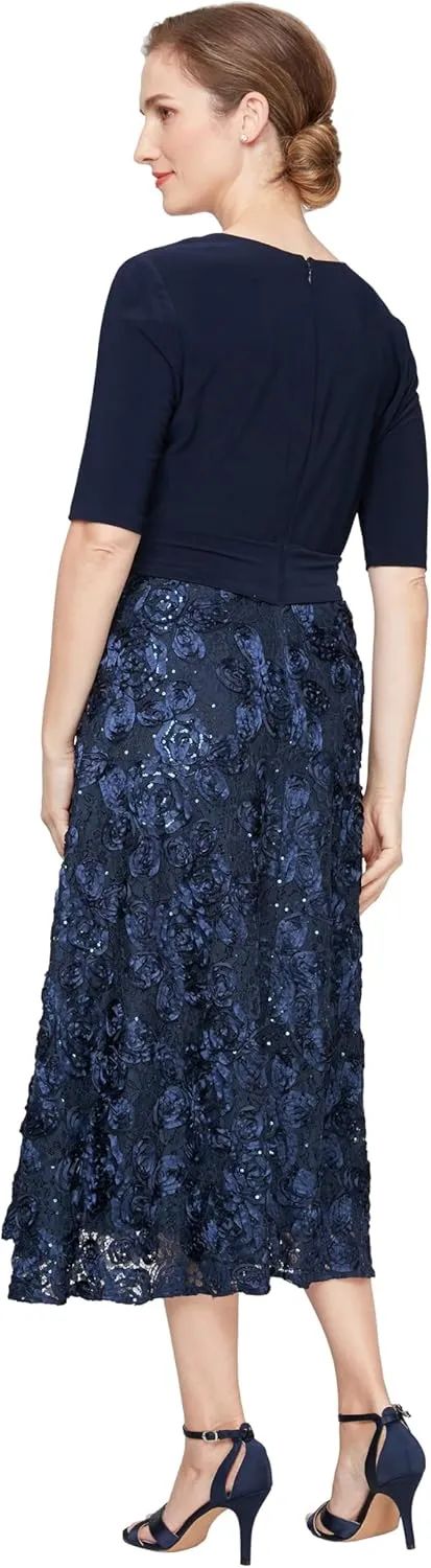 Alex Evenings Women's Tea Length Dress with Rosette Detail