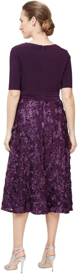 Alex Evenings Women's Tea Length Dress with Rosette Detail