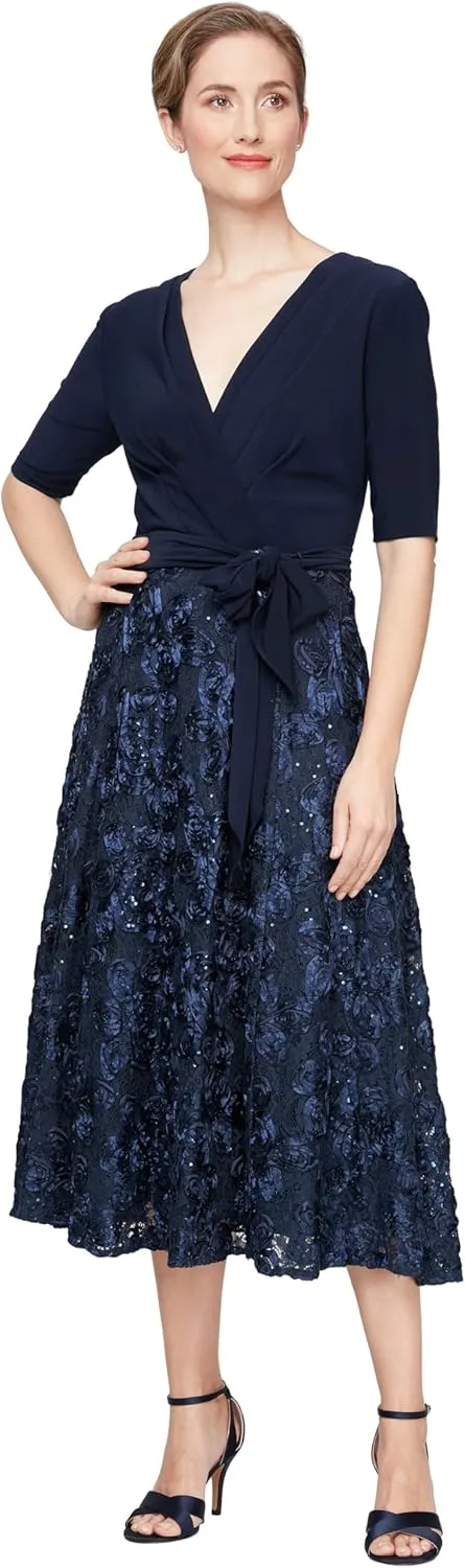 Alex Evenings Women's Tea Length Dress with Rosette Detail