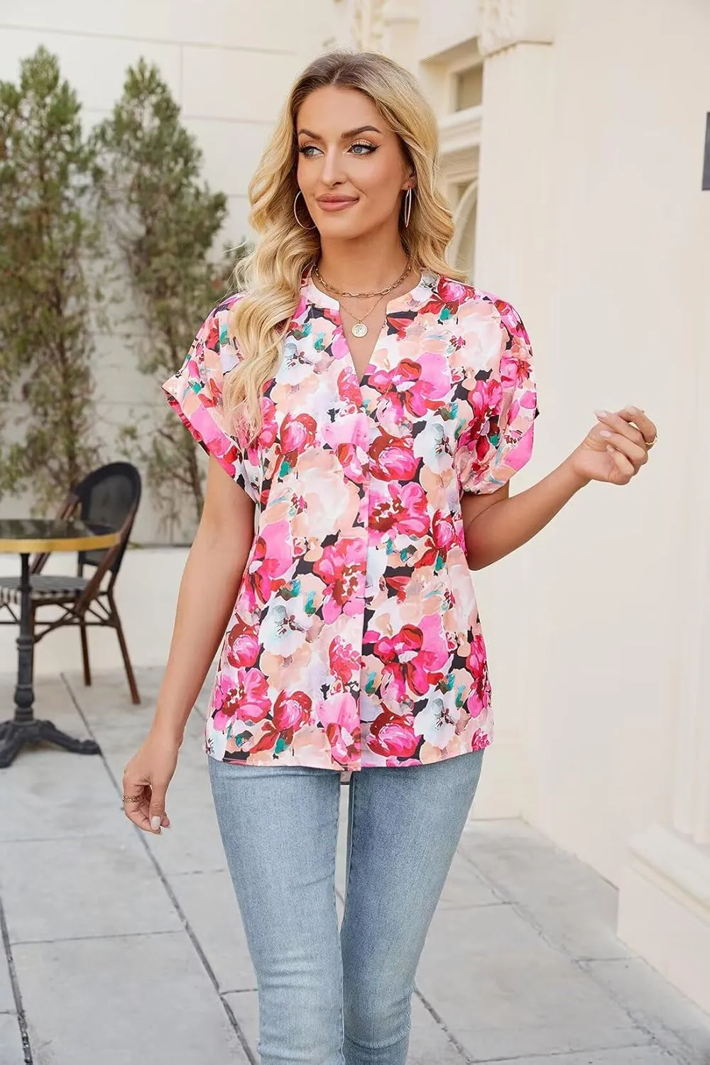 Allimy Women Summer Casual Split V Neckline Floral Chiffon Blouses Loose Tunic Short Sleeve Tops