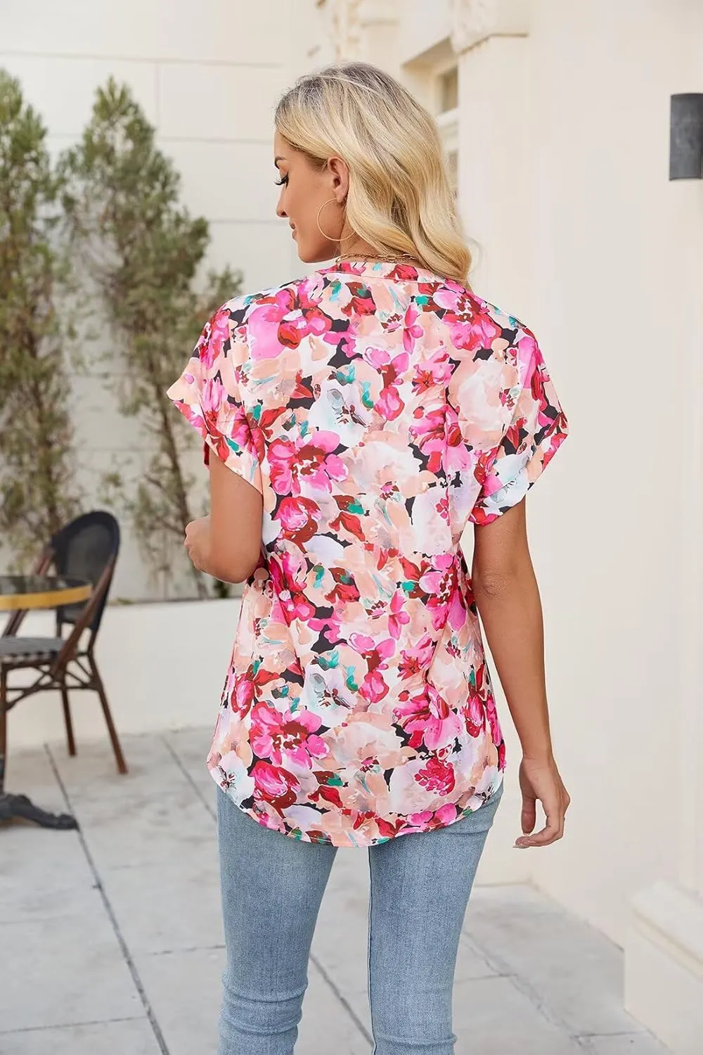 Allimy Women Summer Casual Split V Neckline Floral Chiffon Blouses Loose Tunic Short Sleeve Tops