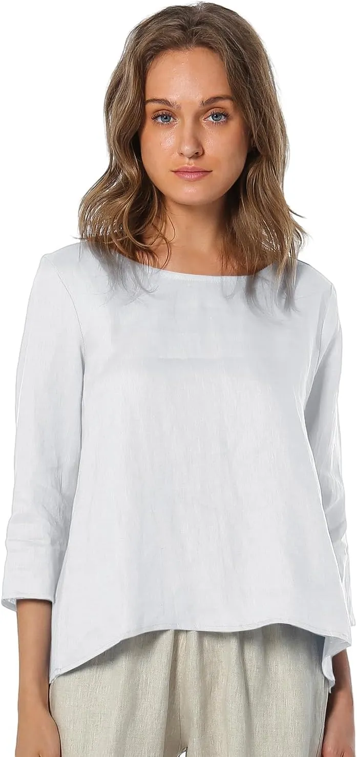 Amazhiyu Women's Linen 3/4 Sleeve Blouse Crew Neck Summer Casual Tops Loose Fit