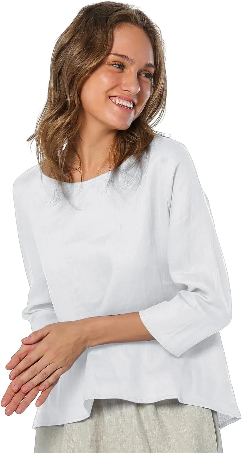 Amazhiyu Women's Linen 3/4 Sleeve Blouse Crew Neck Summer Casual Tops Loose Fit