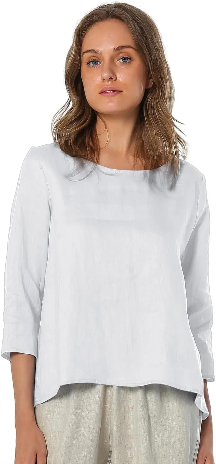 Amazhiyu Women's Linen 3/4 Sleeve Blouse Crew Neck Summer Casual Tops Loose Fit