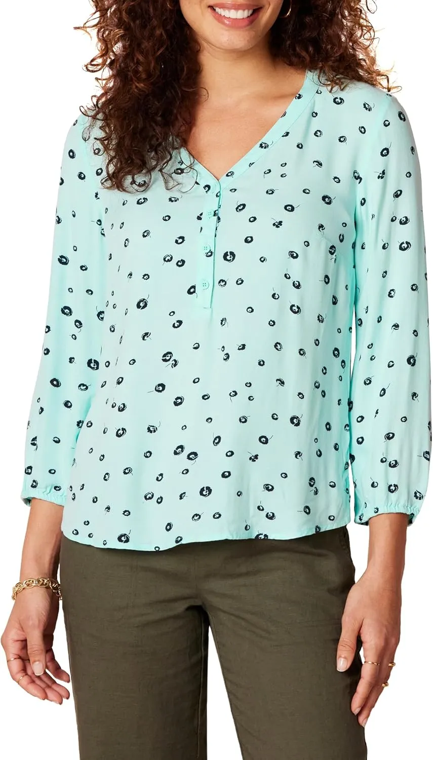 Amazon Essentials Women's 3/4 Sleeve Button Popover Shirt, Loose-Fit V-Neck Blouse