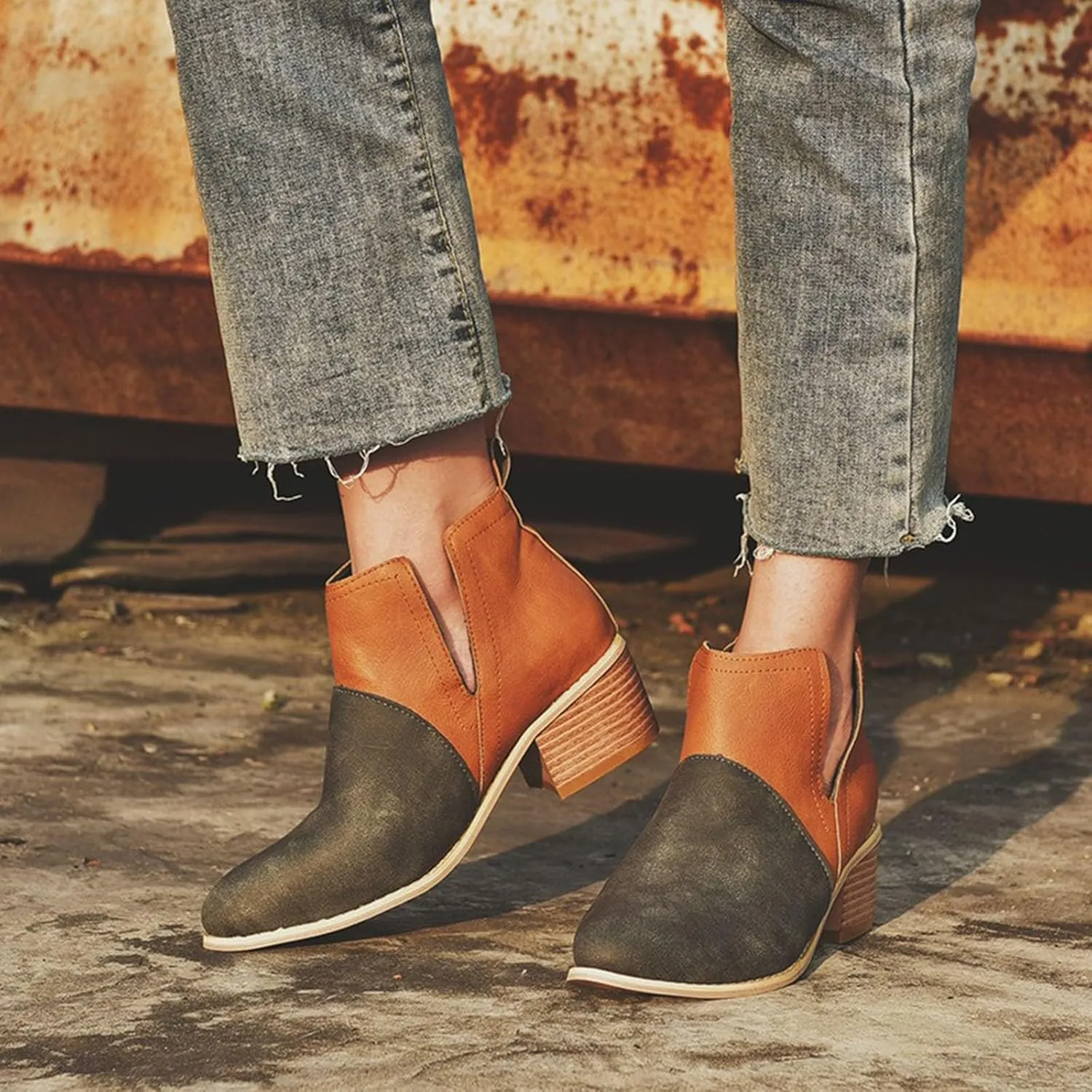 Ankle Boots for Women with Heel Womens Western Boots Fashion Pointed Toe Chunky Heel Patchwork Color Womens Boots