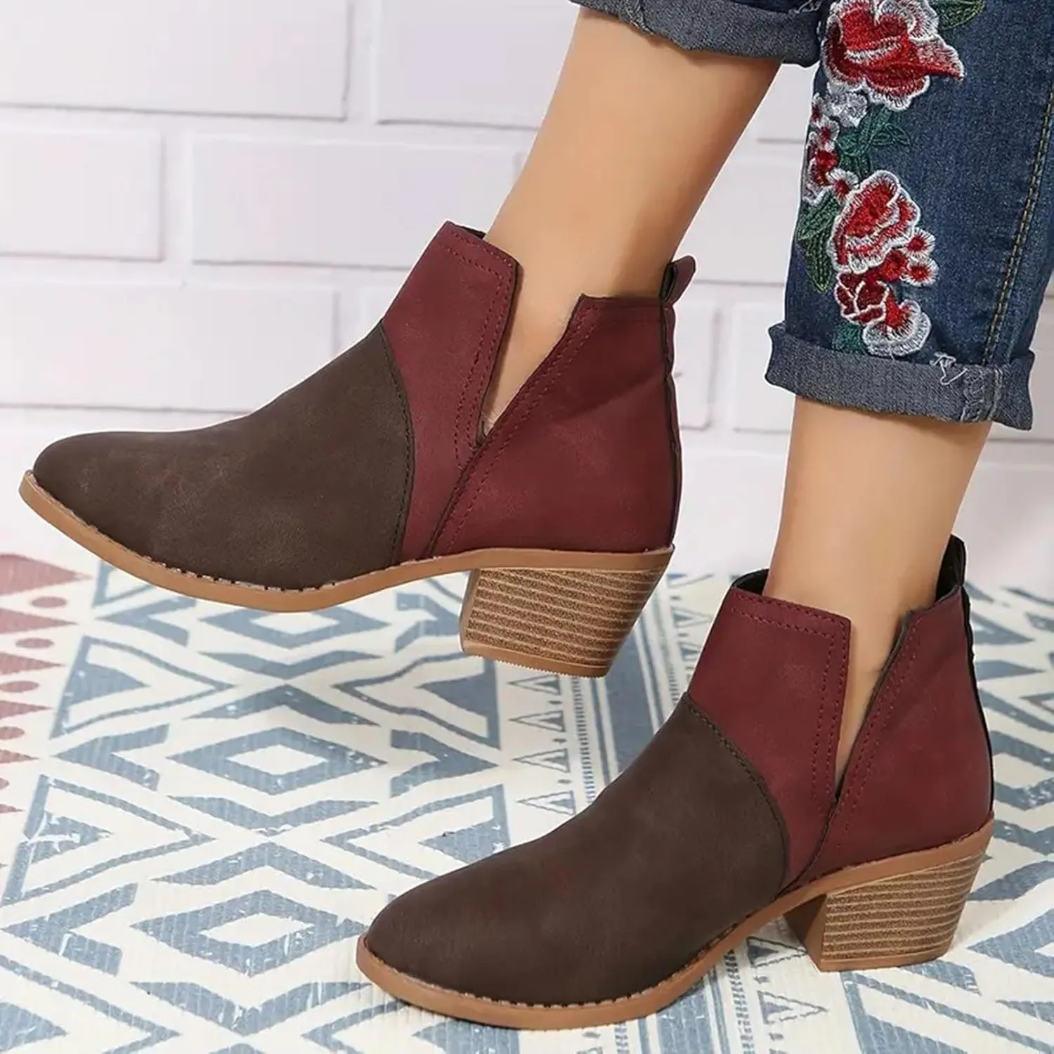 Ankle Boots for Women with Heel Womens Western Boots Fashion Pointed Toe Chunky Heel Patchwork Color Womens Boots
