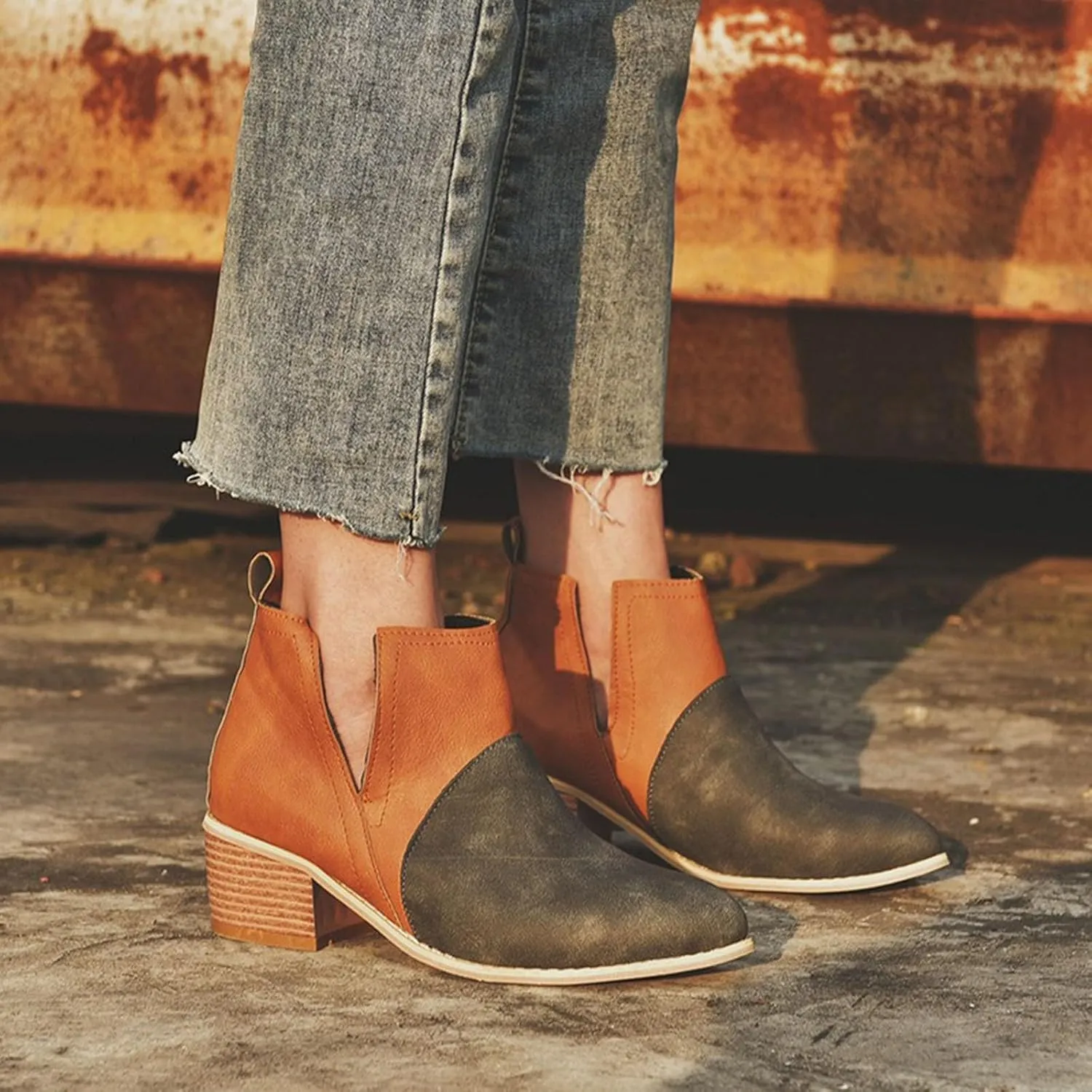 Ankle Boots for Women with Heel Womens Western Boots Fashion Pointed Toe Chunky Heel Patchwork Color Womens Boots