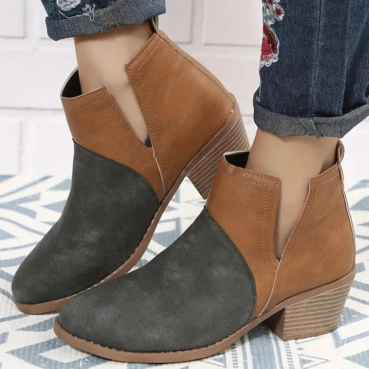 Ankle Boots for Women with Heel Womens Western Boots Fashion Pointed Toe Chunky Heel Patchwork Color Womens Boots