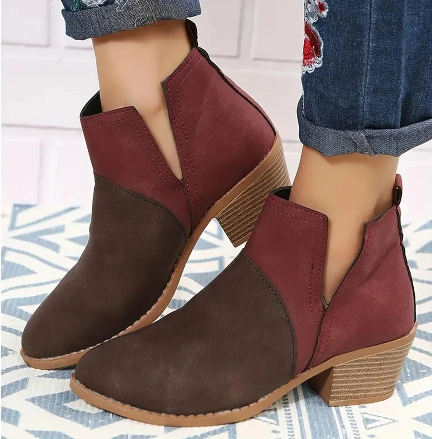 Ankle Boots for Women with Heel Womens Western Boots Fashion Pointed Toe Chunky Heel Patchwork Color Womens Boots