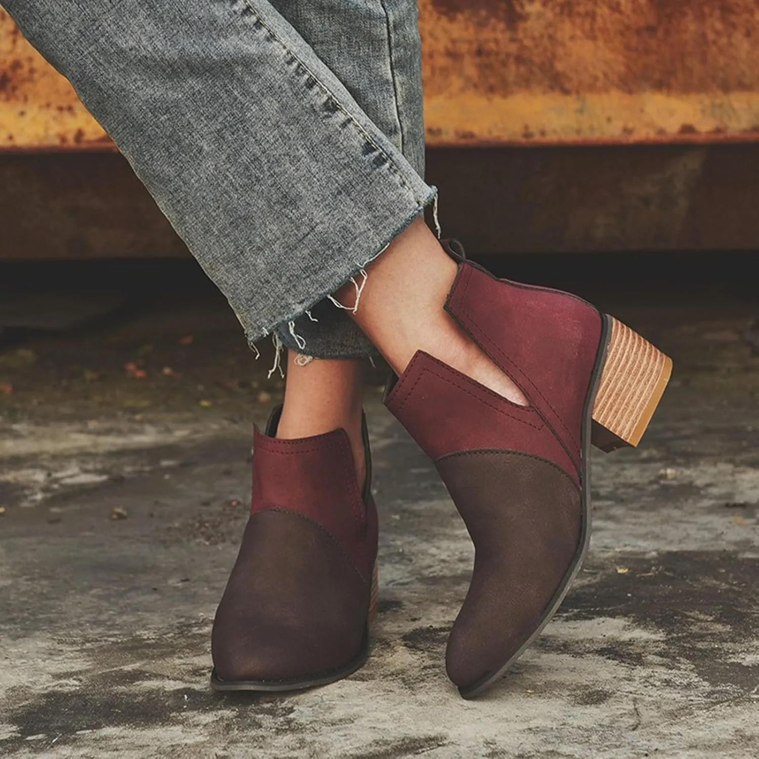 Ankle Boots for Women with Heel Womens Western Boots Fashion Pointed Toe Chunky Heel Patchwork Color Womens Boots