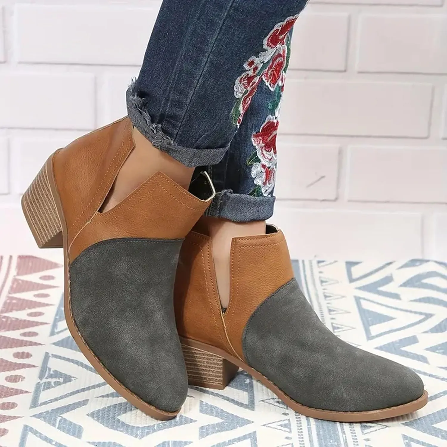 Ankle Boots for Women with Heel Womens Western Boots Fashion Pointed Toe Chunky Heel Patchwork Color Womens Boots