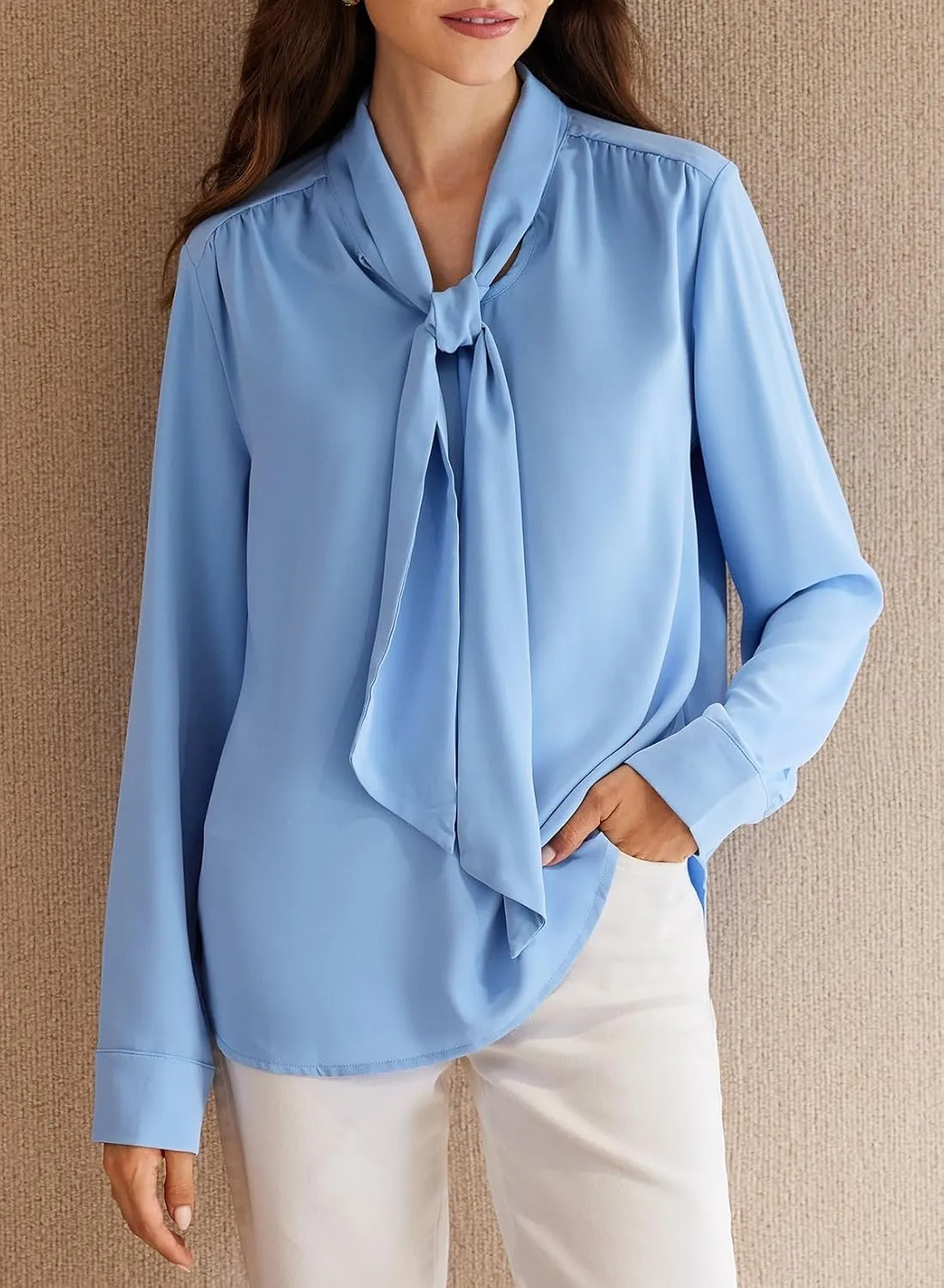 Astylish Women's Bow Tie Neck Long Sleeve Dressy Elegant Office Work Blouse Shirt Tops
