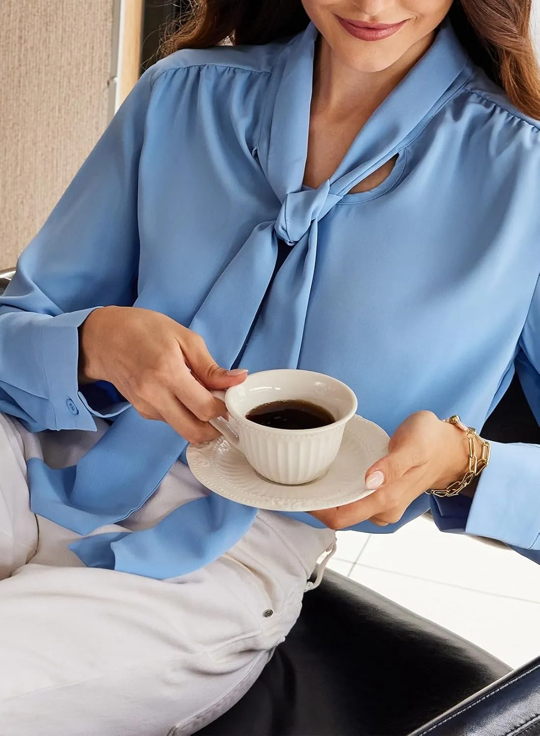 Astylish Women's Bow Tie Neck Long Sleeve Dressy Elegant Office Work Blouse Shirt Tops