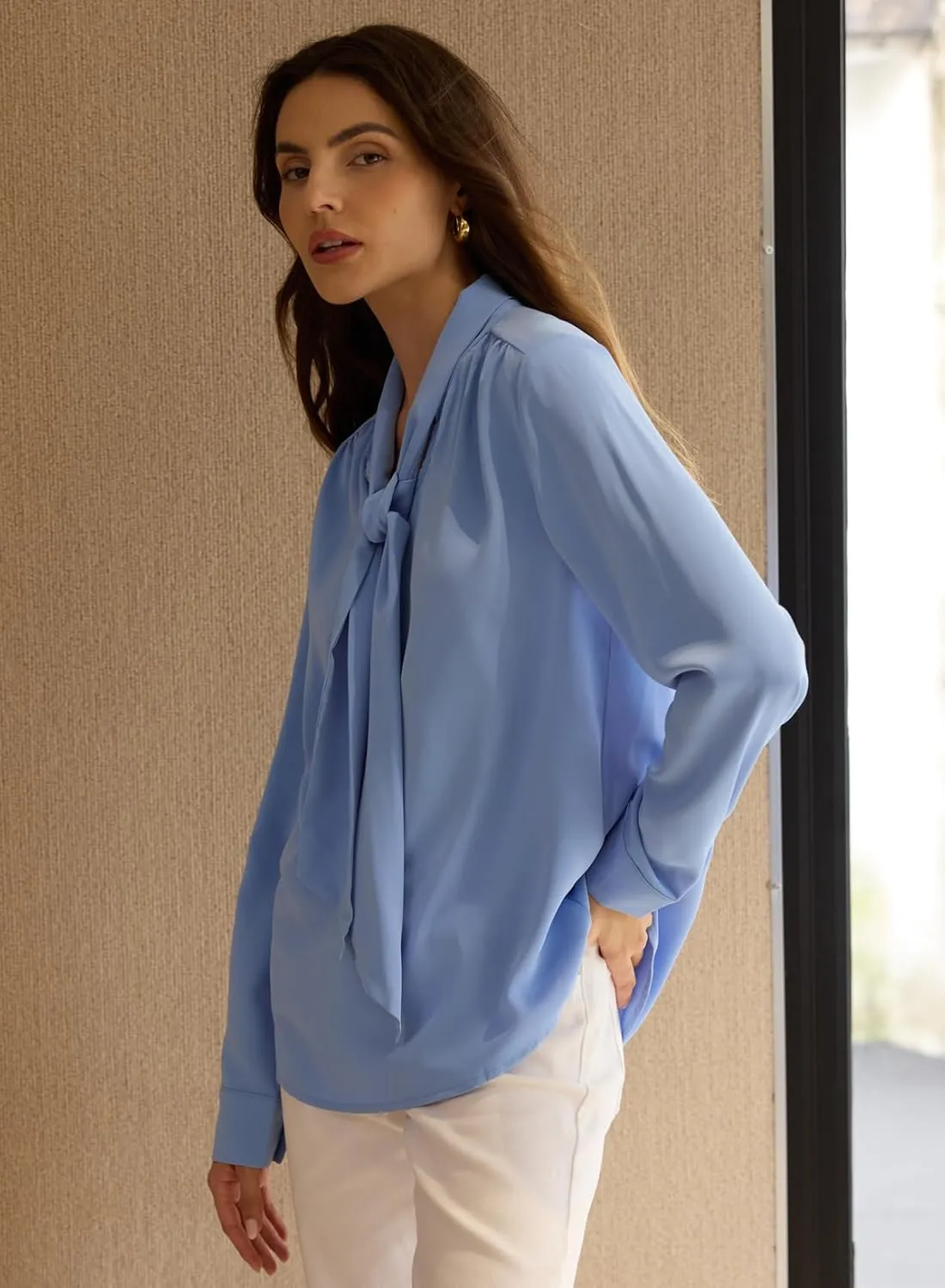 Astylish Women's Bow Tie Neck Long Sleeve Dressy Elegant Office Work Blouse Shirt Tops