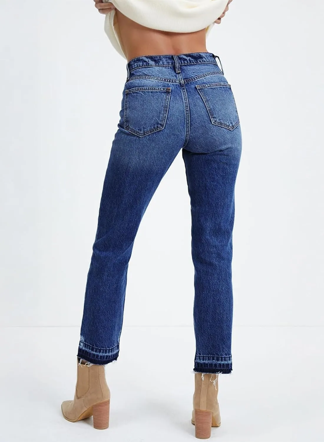 Astylish Womens High Waisted Straight Leg Ankle Jeans Casual Stretch Denim Pants