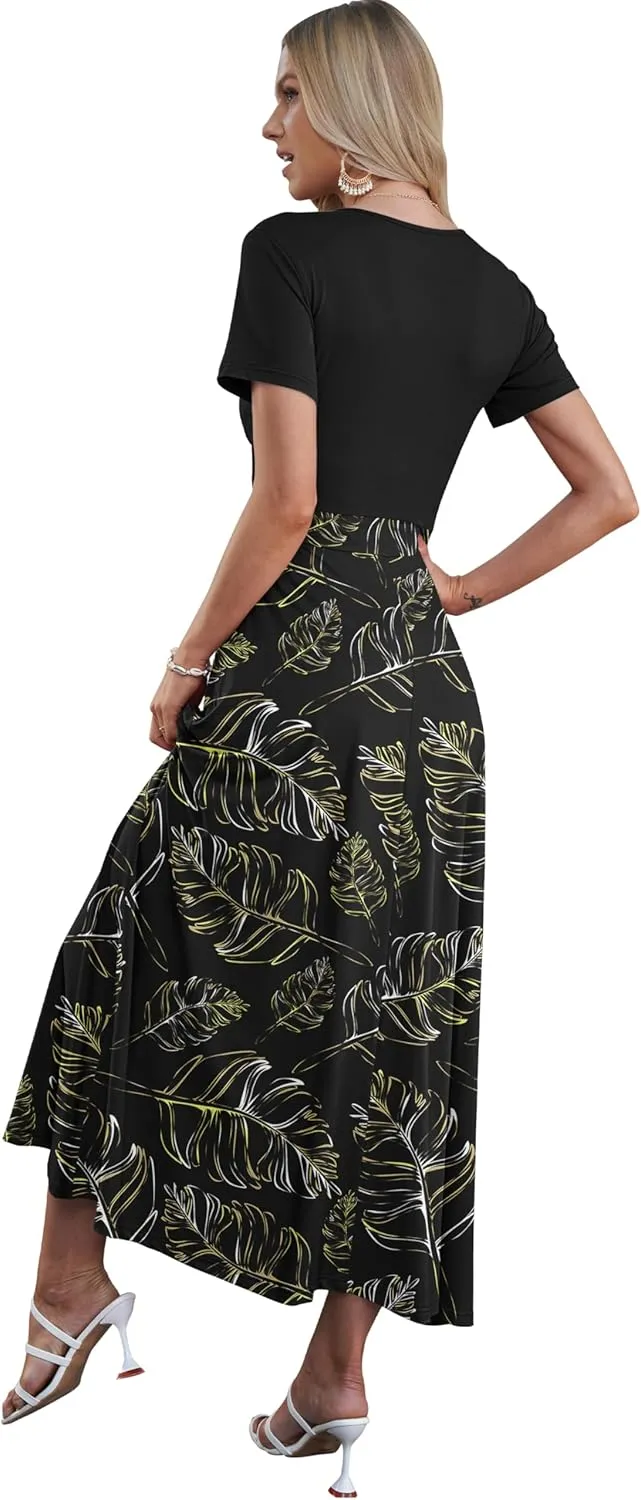 AUSELILY Maxi Dresses for Women Ankle Length Floral Print Beach Long Flowy Dress with Pockets