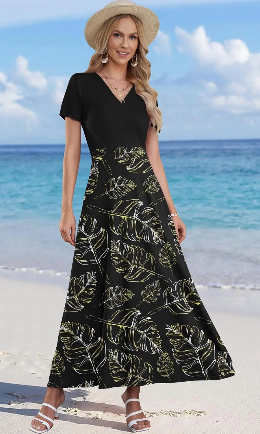 AUSELILY Maxi Dresses for Women Ankle Length Floral Print Beach Long Flowy Dress with Pockets