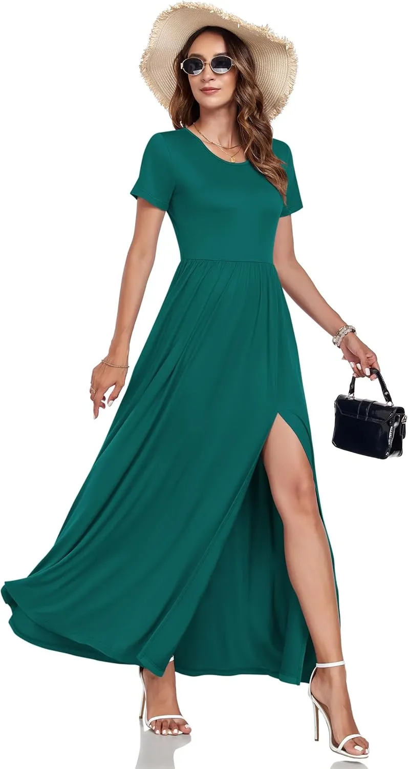 AUSELILY Women Maxi Dress 2025 Summer Short Sleeve Side Split Casual Long Dresses with Pockets