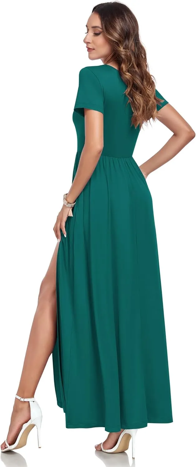 AUSELILY Women Maxi Dress 2025 Summer Short Sleeve Side Split Casual Long Dresses with Pockets