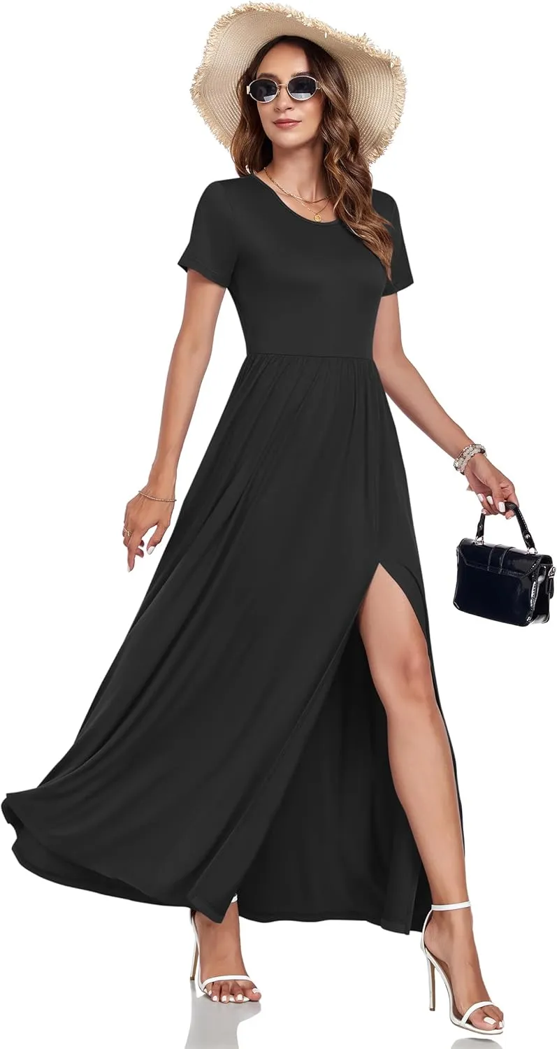 AUSELILY Women Maxi Dress 2025 Summer Short Sleeve Side Split Casual Long Dresses with Pockets