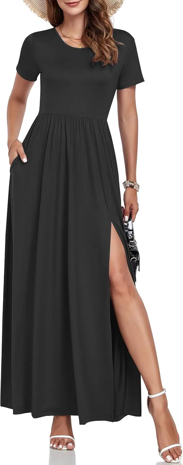 AUSELILY Women Maxi Dress 2025 Summer Short Sleeve Side Split Casual Long Dresses with Pockets