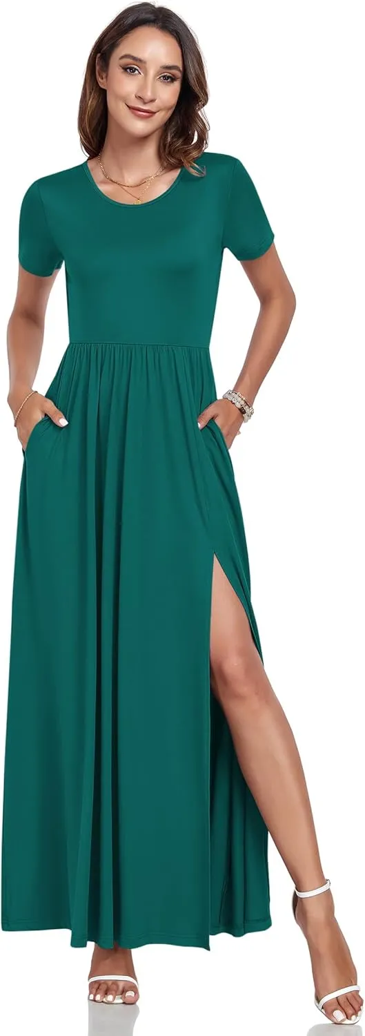 AUSELILY Women Maxi Dress 2025 Summer Short Sleeve Side Split Casual Long Dresses with Pockets