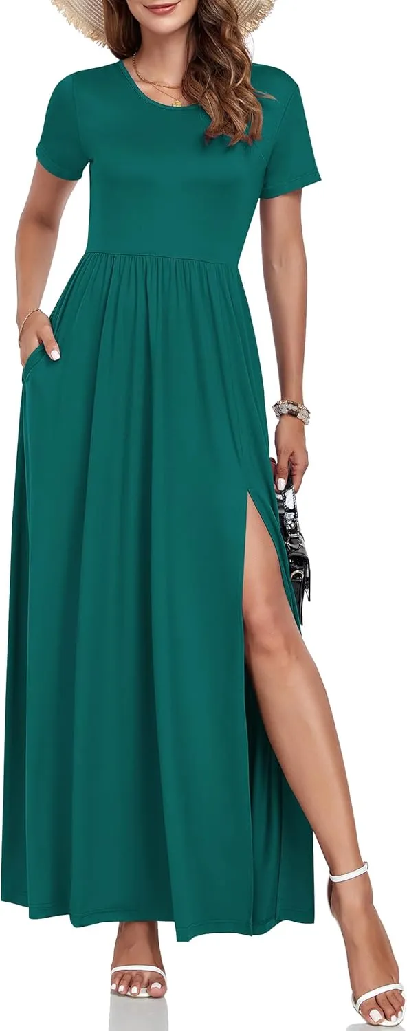 AUSELILY Women Maxi Dress 2025 Summer Short Sleeve Side Split Casual Long Dresses with Pockets