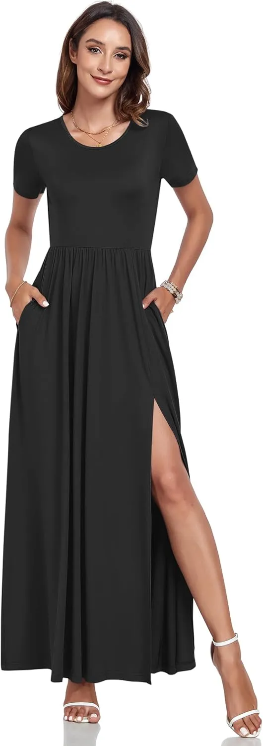 AUSELILY Women Maxi Dress 2025 Summer Short Sleeve Side Split Casual Long Dresses with Pockets