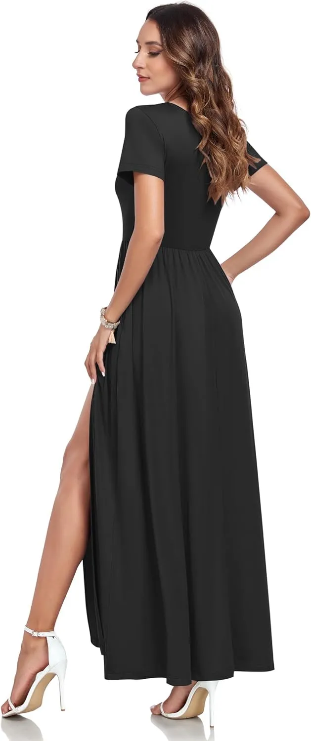AUSELILY Women Maxi Dress 2025 Summer Short Sleeve Side Split Casual Long Dresses with Pockets