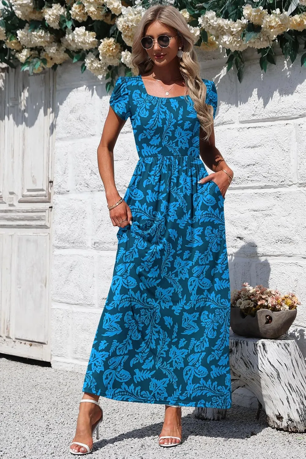 AUSELILY Women's Maxi Dresses with Pockets Petal Short Sleeve Square Neck Casual Long Dress 2025