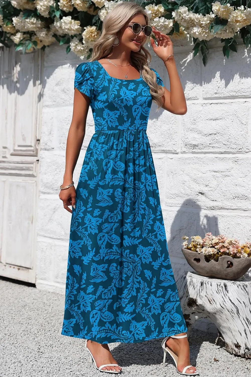 AUSELILY Women's Maxi Dresses with Pockets Petal Short Sleeve Square Neck Casual Long Dress 2025