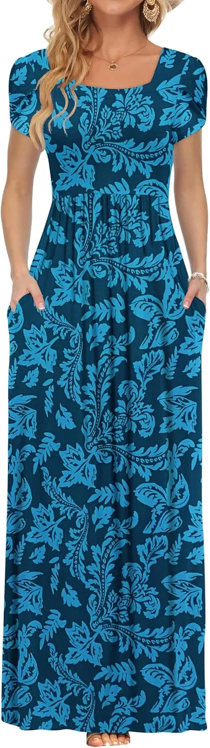 AUSELILY Women's Maxi Dresses with Pockets Petal Short Sleeve Square Neck Casual Long Dress 2025