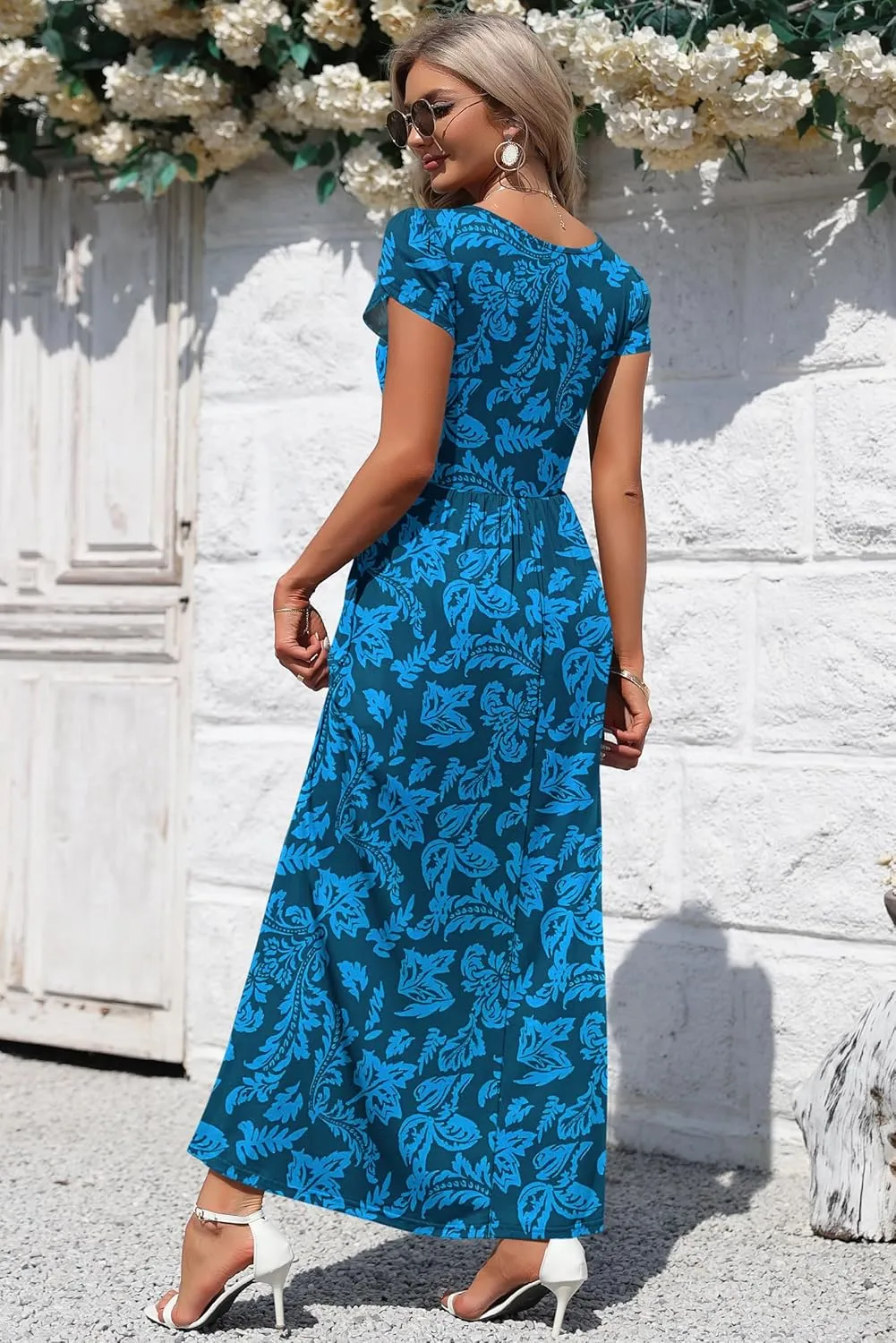 AUSELILY Women's Maxi Dresses with Pockets Petal Short Sleeve Square Neck Casual Long Dress 2025
