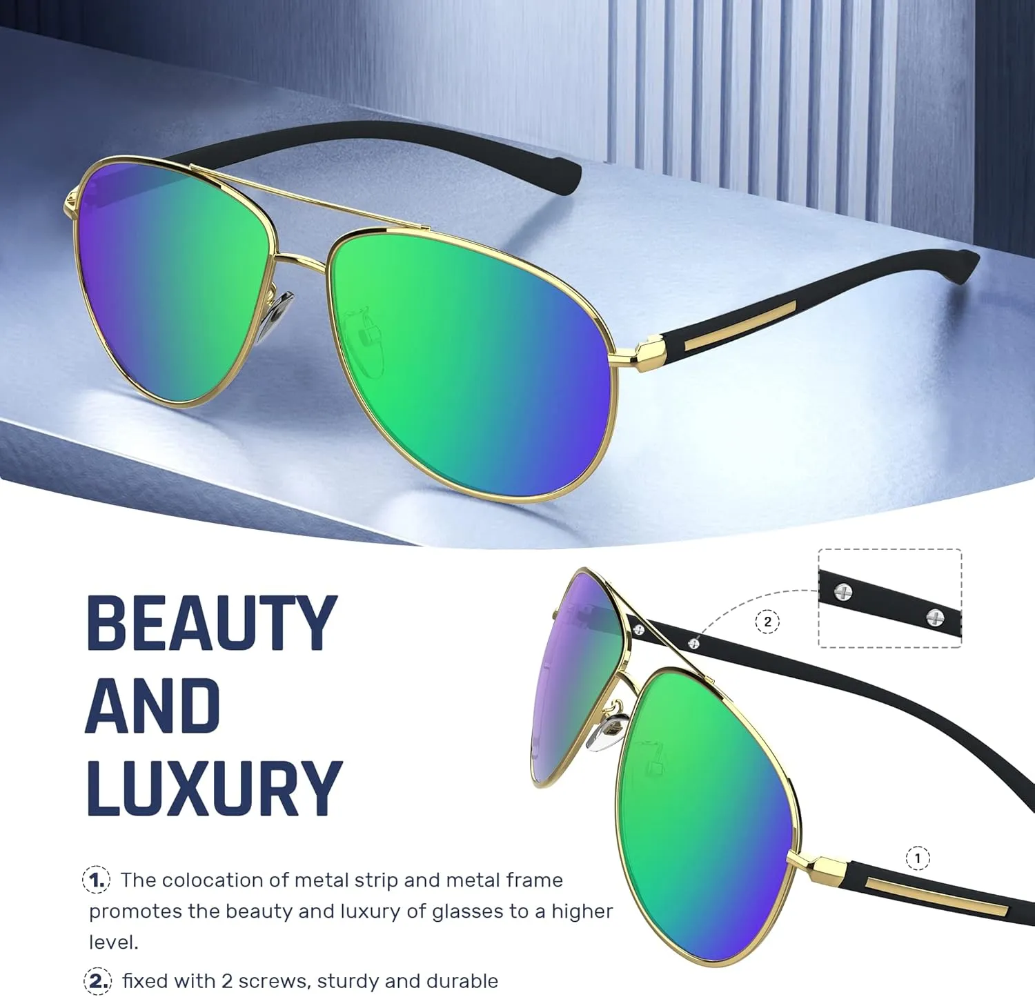 Aviator Sunglasses Classic Sunglasses Men Aviators Style, Polarized Sunglasses with Mirrored Lens