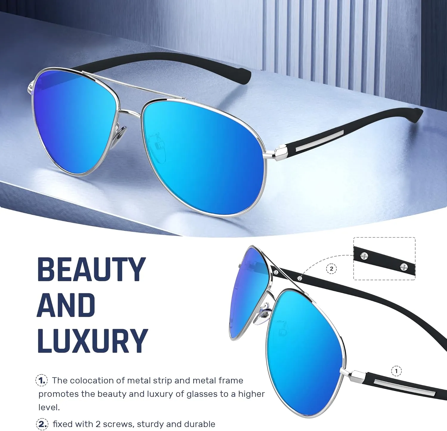 Aviator Sunglasses Classic Sunglasses Men Aviators Style, Polarized Sunglasses with Mirrored Lens
