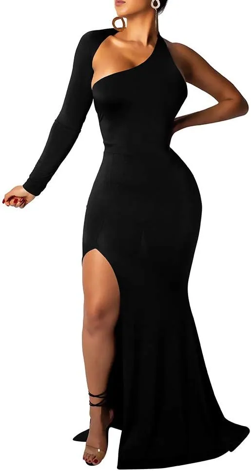 BEAGIMEG Women's Sexy Elegant One Shoulder Backless Evening Long Dress