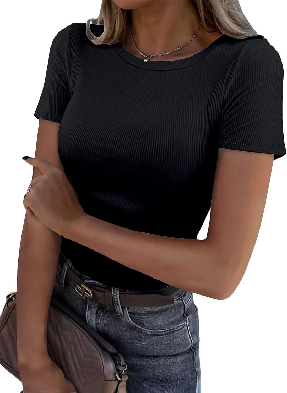 BIDITANLE Womens Summer Short Sleeve T-Shirt Ribbed Knit Crew Neck Slim Fitted Basic Casual Top