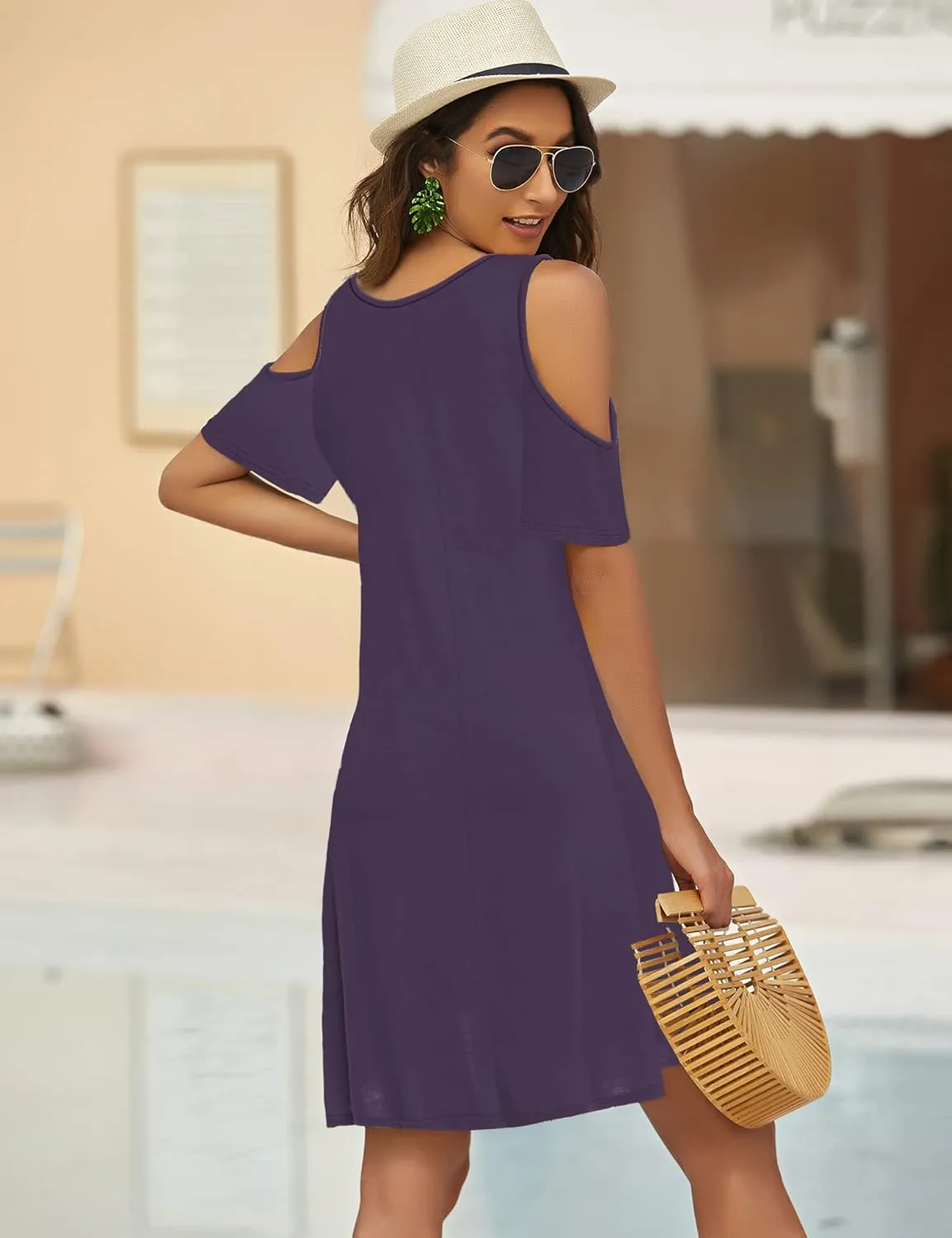 Bluetime Women Cold Shoulder Summer Dress Short Sleeve Beach Casual Loose Swing Dress