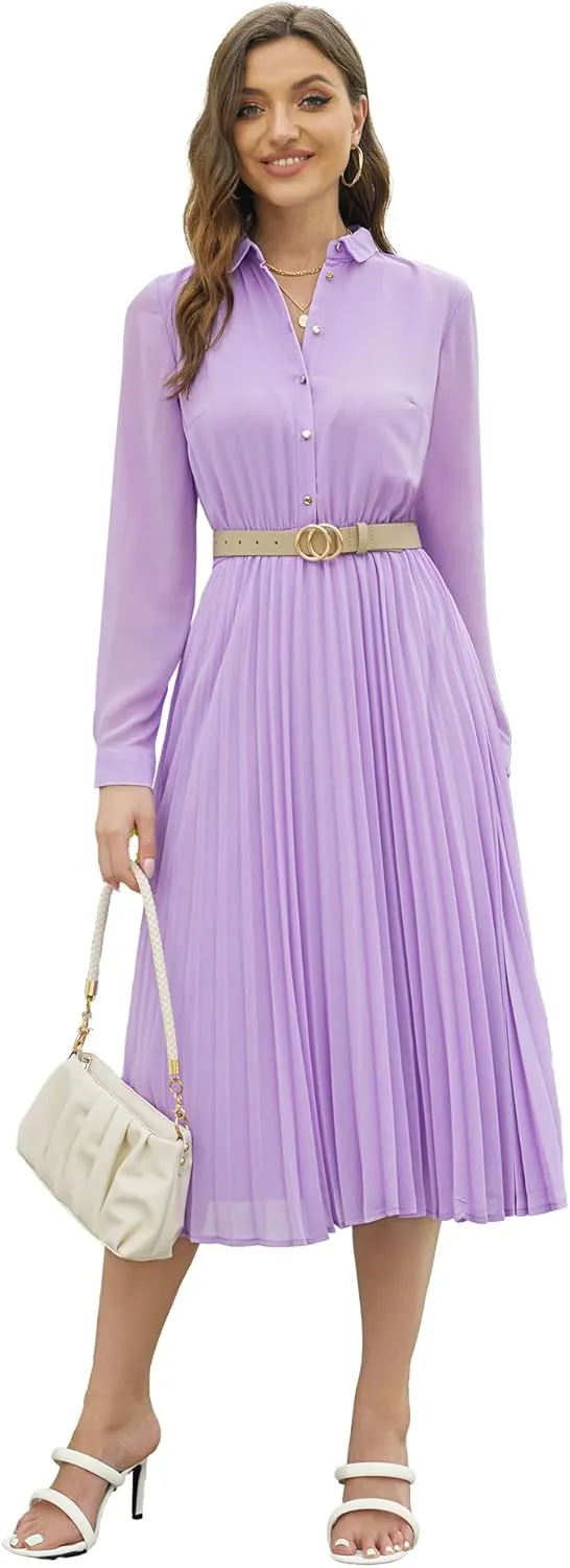 Business Casual Shirt Dress for Women Long Sleeves Pleated Midi Dresses with Belt