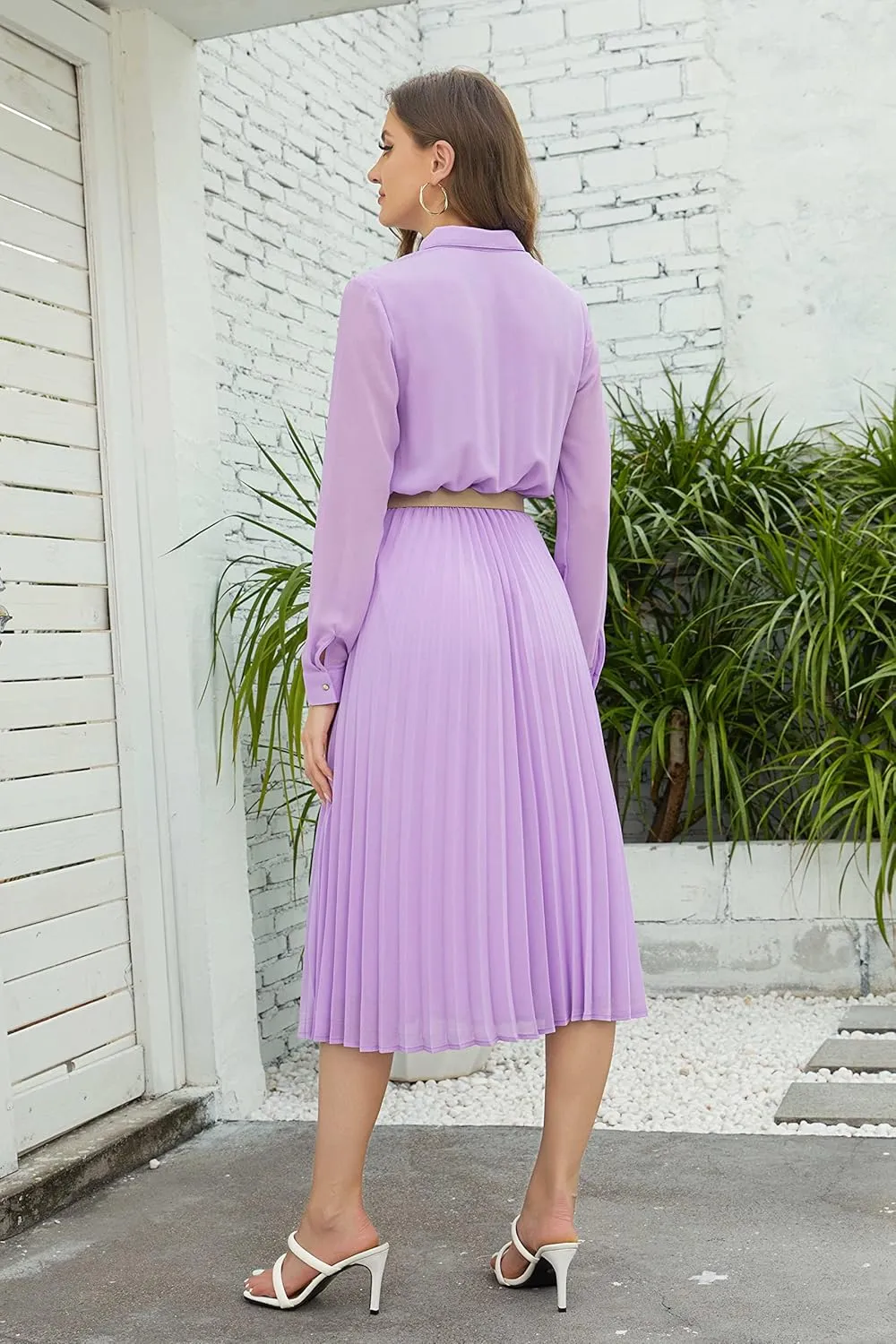 Business Casual Shirt Dress for Women Long Sleeves Pleated Midi Dresses with Belt