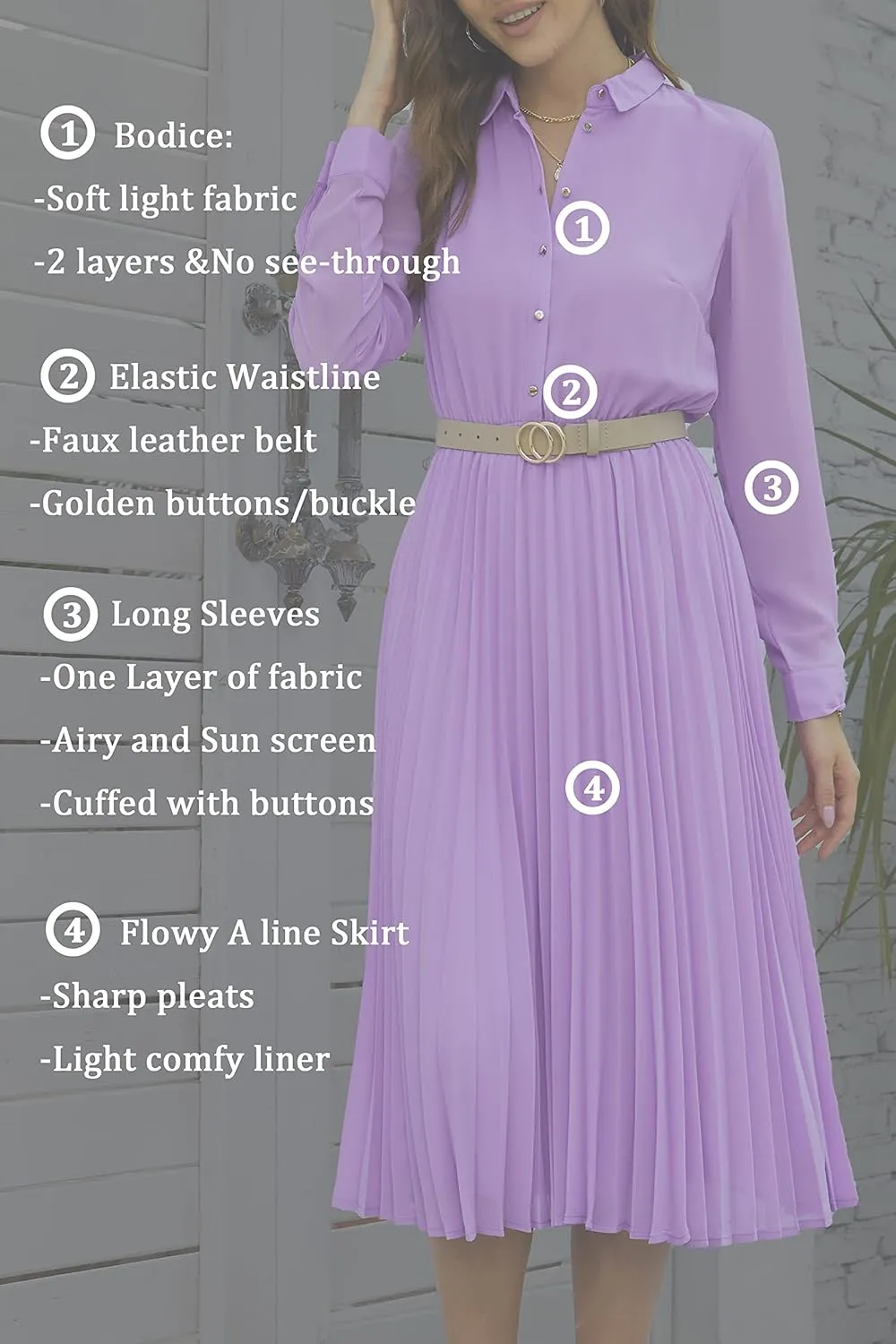 Business Casual Shirt Dress for Women Long Sleeves Pleated Midi Dresses with Belt