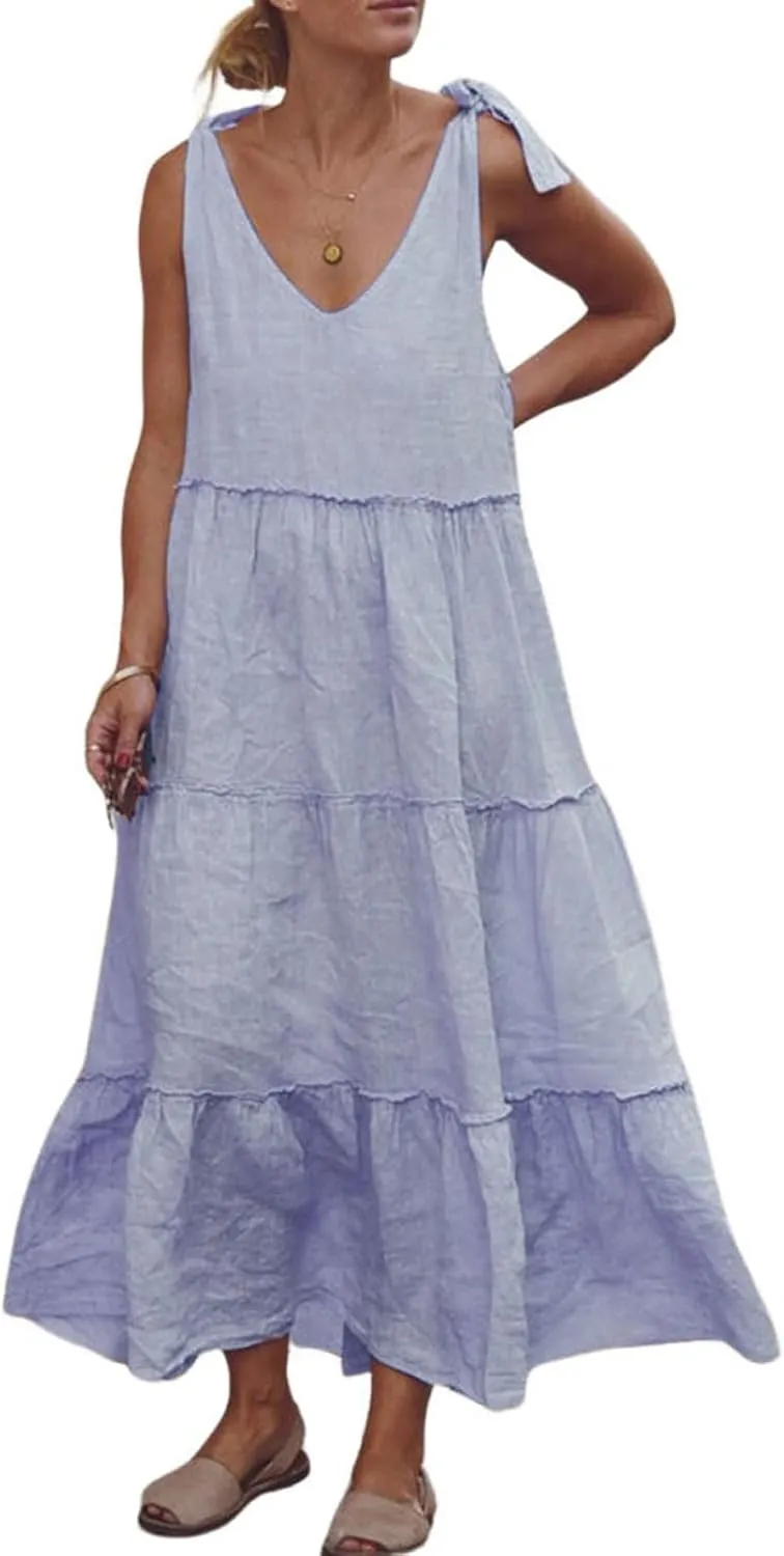 CHARTOU Women Summer Cotton Linen Dress Tie Shoulder Tiered Ruffle Long Beach Vacation Dress