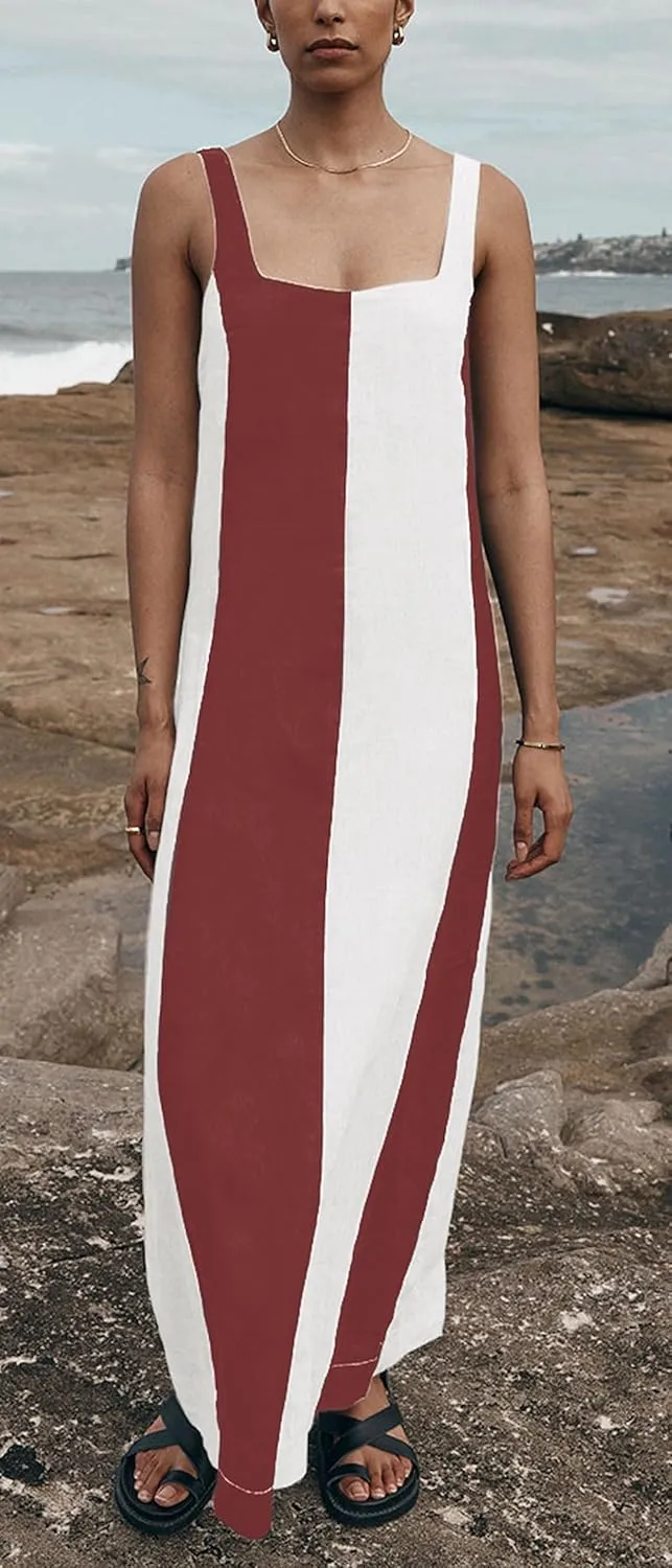 CHARTOU Women Summer Sleeveless Linen Dress Contrast Color Maxi Long Beach Vacation Tank Dress
