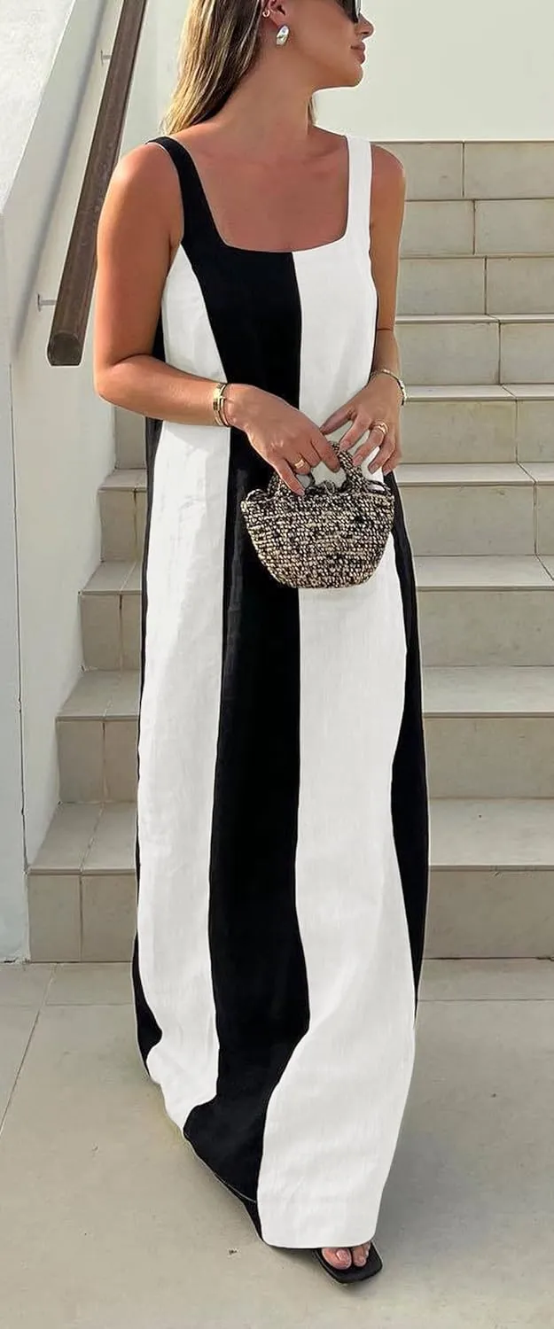 CHARTOU Women Summer Sleeveless Linen Dress Contrast Color Maxi Long Beach Vacation Tank Dress
