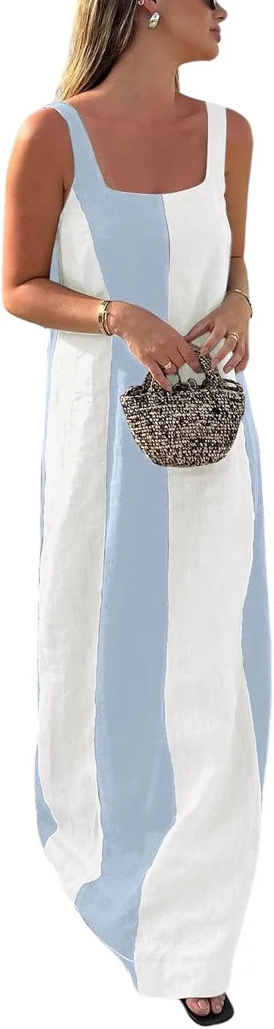 CHARTOU Women Summer Sleeveless Linen Dress Contrast Color Maxi Long Beach Vacation Tank Dress