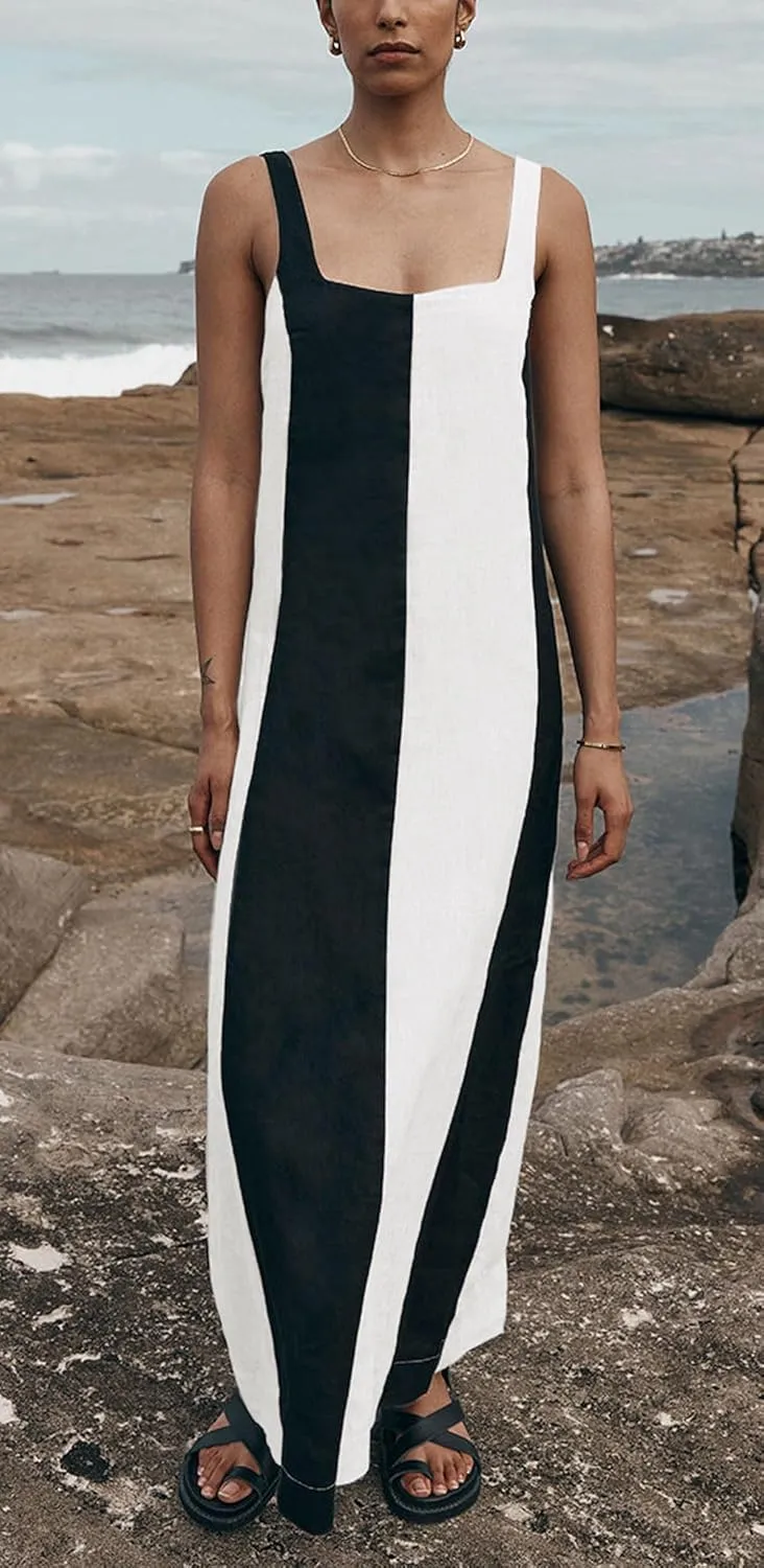 CHARTOU Women Summer Sleeveless Linen Dress Contrast Color Maxi Long Beach Vacation Tank Dress